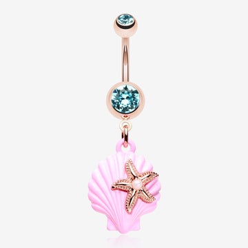 Rose Gold Pastel Sparkle Ariel's Shell with Starfish Belly Button Ring-Aqua/Aurora Borealis